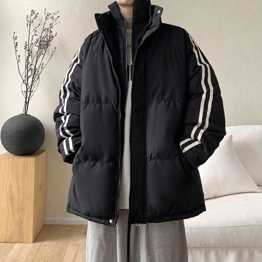 Stand Collar Striped Plain Mock Two Piece Zip Puffer Jacket Product Image