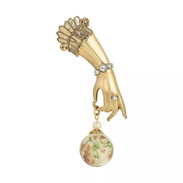 1928 Gold Tone Ladys Hand Pin with Crystal Accents & Floral Bead, Womens, Pink Product Image