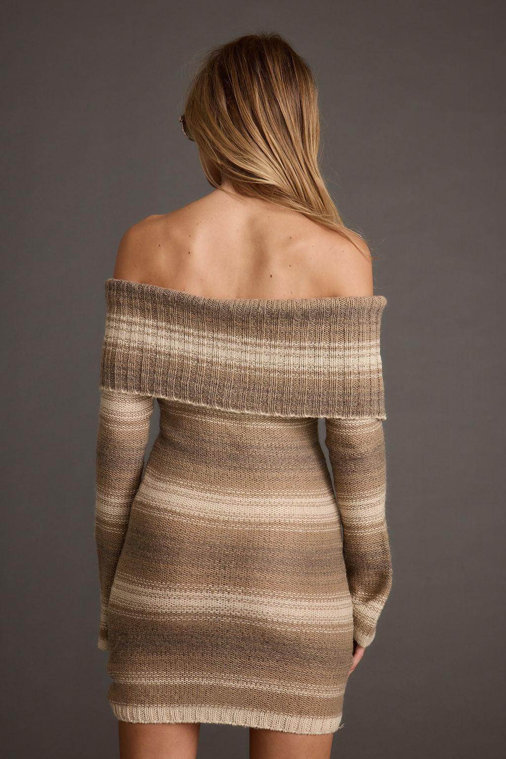 Siena Brown Striped Off the Shoulder Sweater Dress Product Image