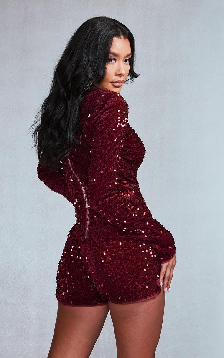 Burgundy Velvet Sequin Plunge Long Sleeve Romper Product Image