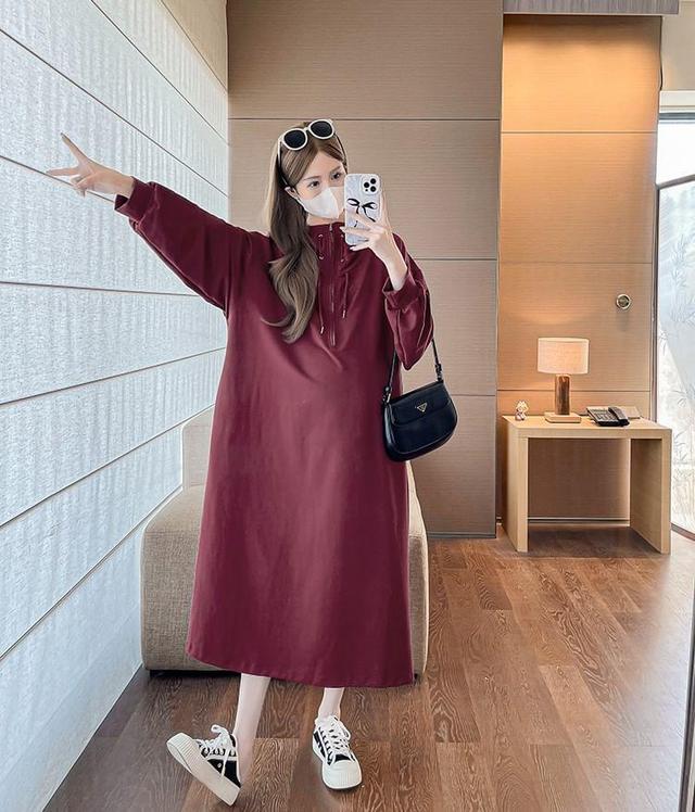 Maternity Long-Sleeve Half-Zip Plain Maxi Sweatshirt Dress Product Image