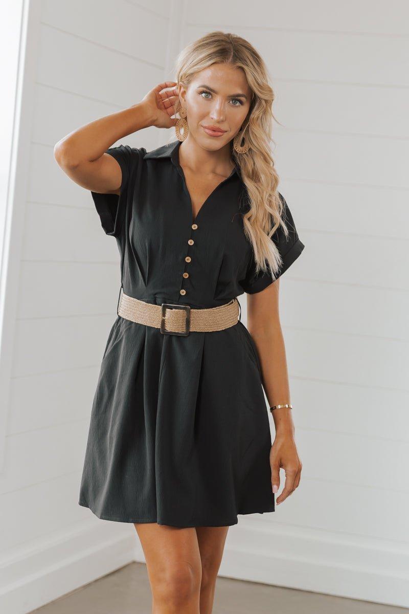 Belted V Neck Mini Dress - FINAL SALE Product Image