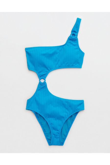 Aerie Wide Rib Cut Out One Shoulder Ring One Piece Swimsuit Women's Elite Blue XS Product Image