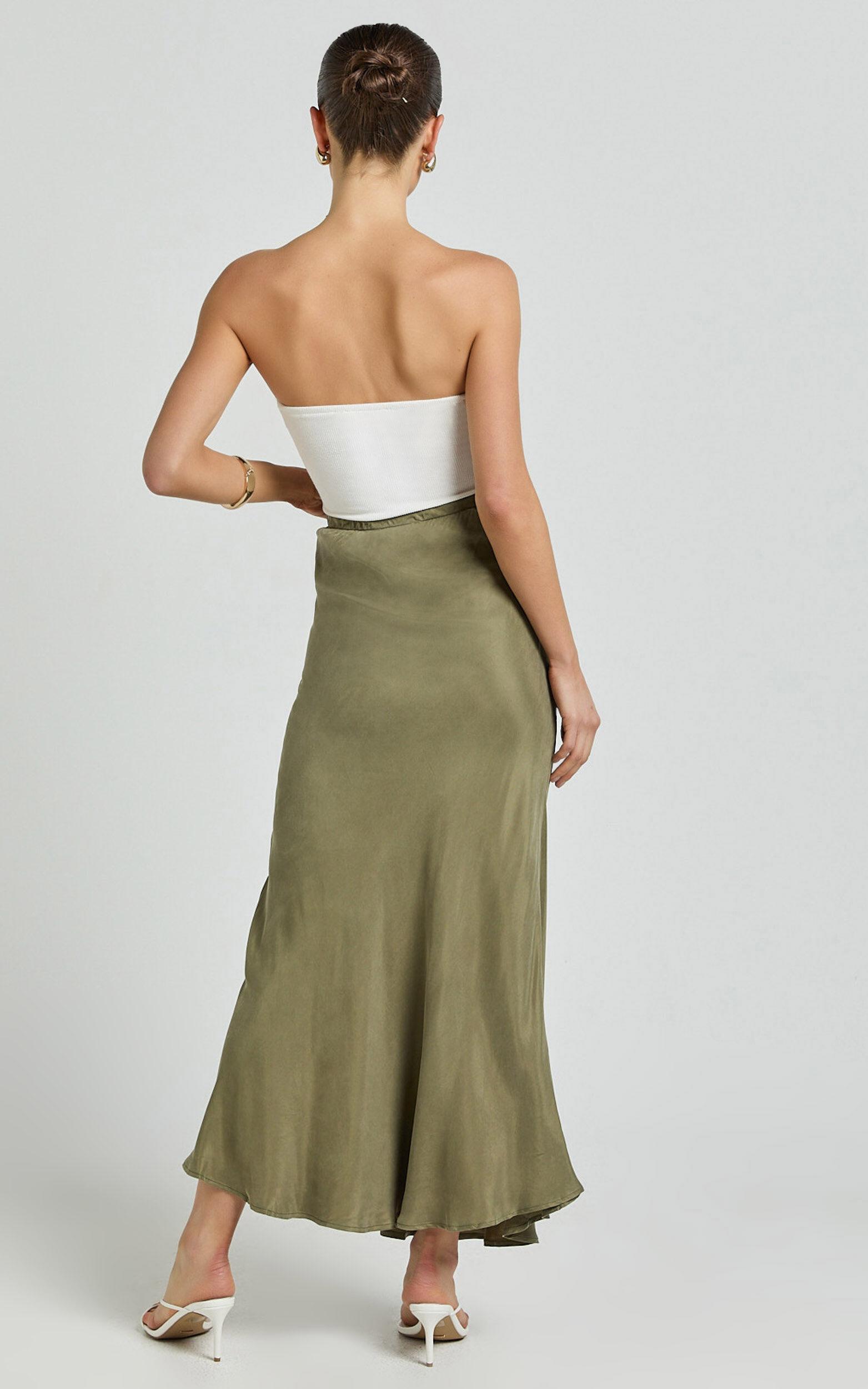 Wilhelmine Maxi Skirt - Cupro High Waisted Drawstring Slip Skirt in Moss Product Image