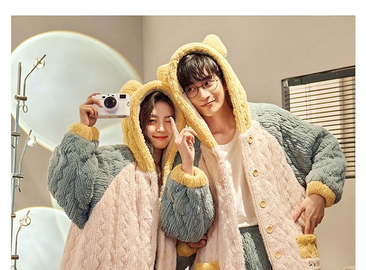 Couple Matching Pajama Set: Color Block Hood Coral Fleece Button Jacket + Straight Leg Pants Product Image