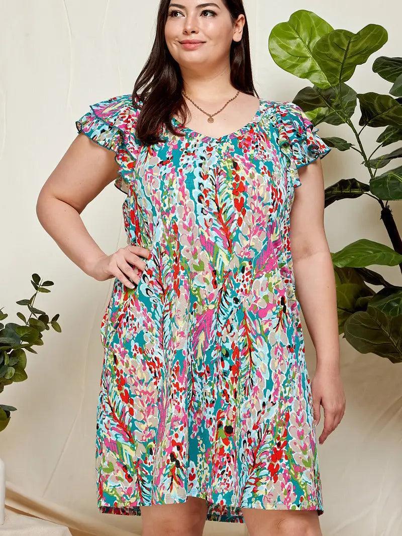 Women's Plus Size Multi Floral Ruffled Midi Dress with Pockets Female product image