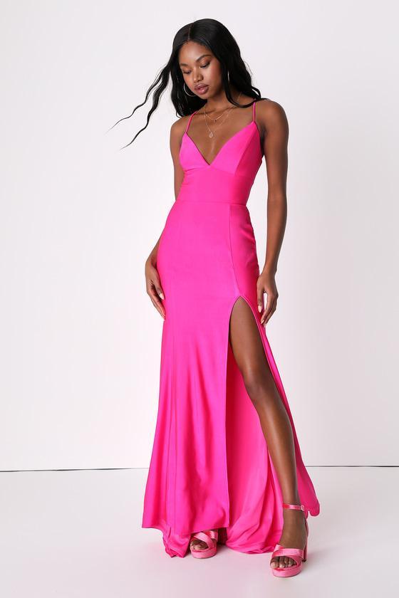 Divine Desires Hot Pink Satin Lace-Up Mermaid Maxi Dress Product Image