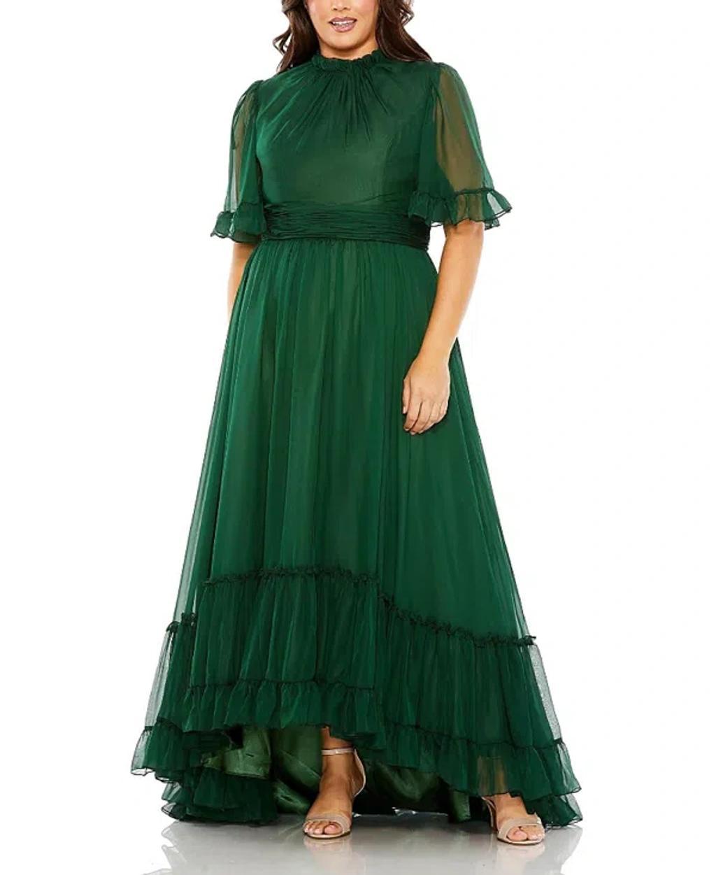 High Neck Flutter Sleeve Ruffle Tiered High Low Plus Size Gown In Emerald Product Image