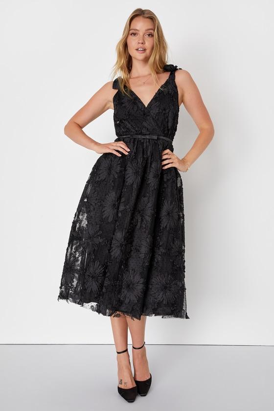 Definition of Drama Black Floral Applique Tie-Strap Midi Dress Product Image