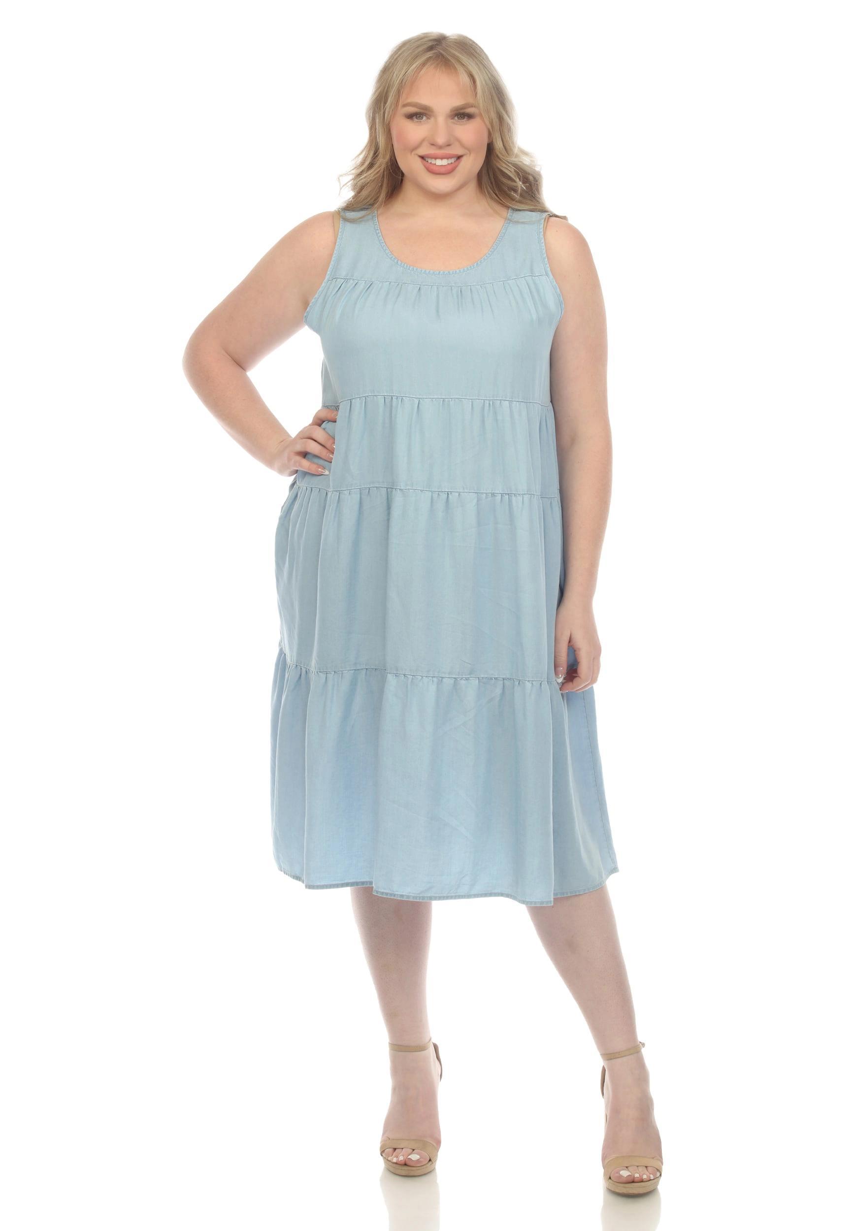 White Mark Plus Size Sleeveless Tiered Chambray Midi Dress Product Image