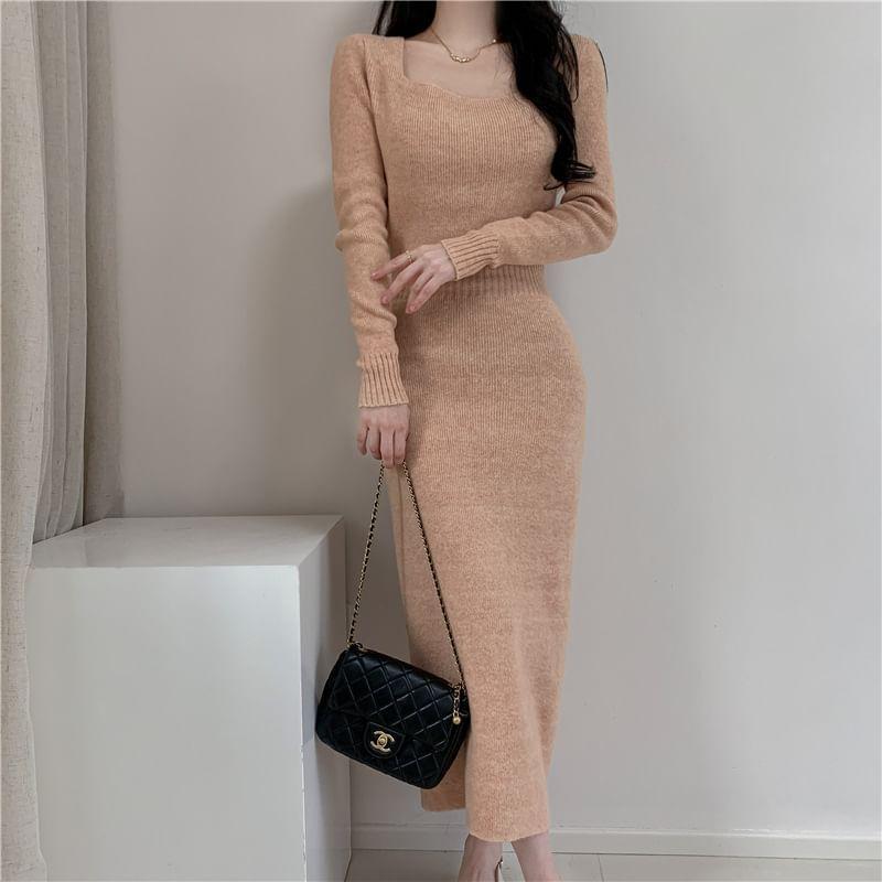 Long-Sleeve Square-Neck Plain Ribbed Midi Knit Dress Product Image