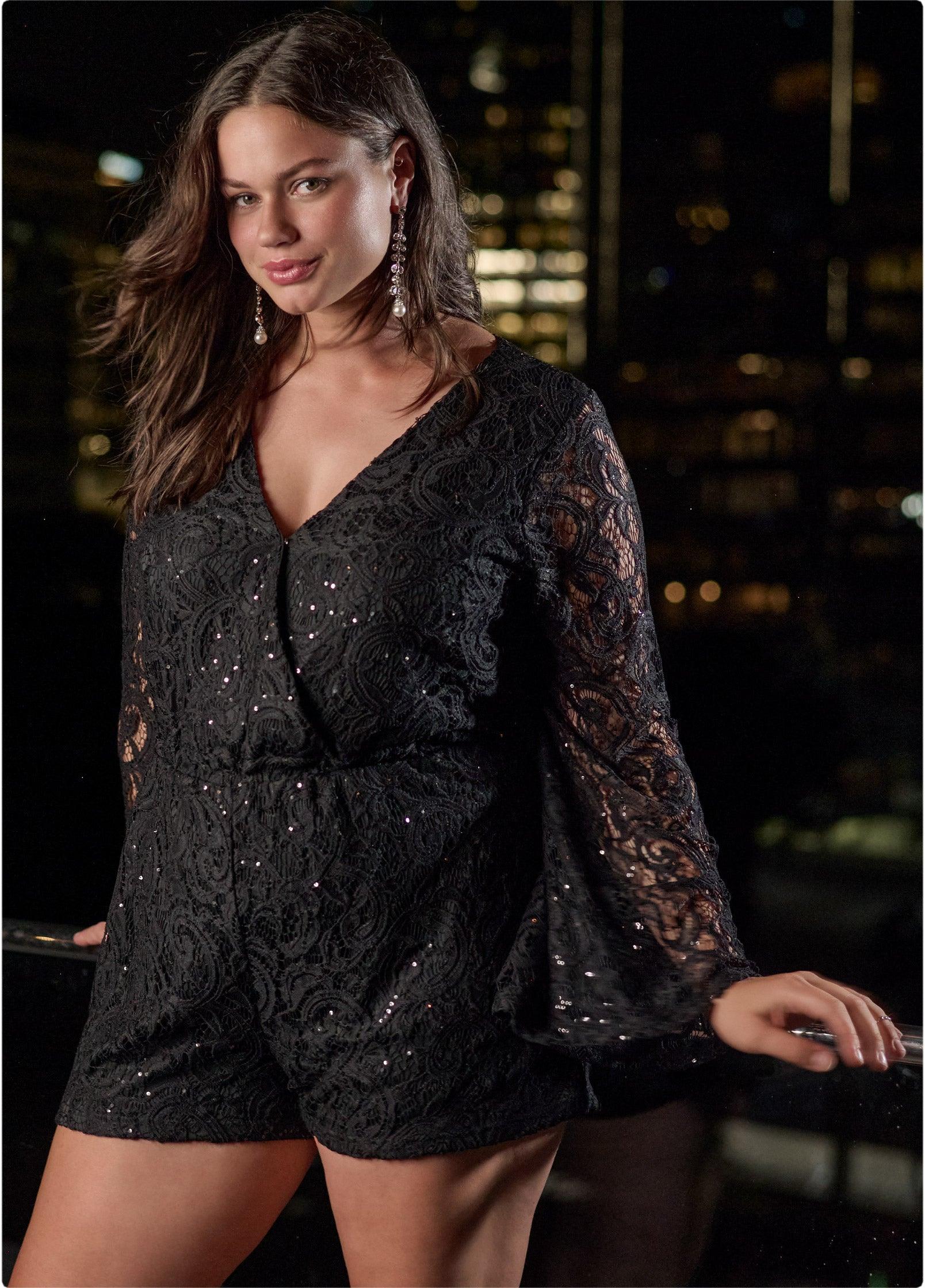 Sequin Lace Open-Back Romper - Black product image