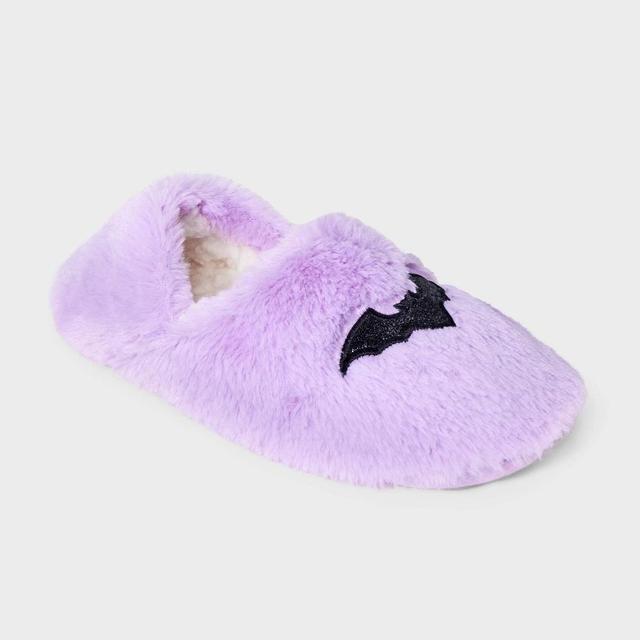 Womens Bat Glitter Embroidered Halloween Faux Fur Pull-On Slipper Socks with Grippers - Hyde & EEK! Boutique Purple/Black Product Image