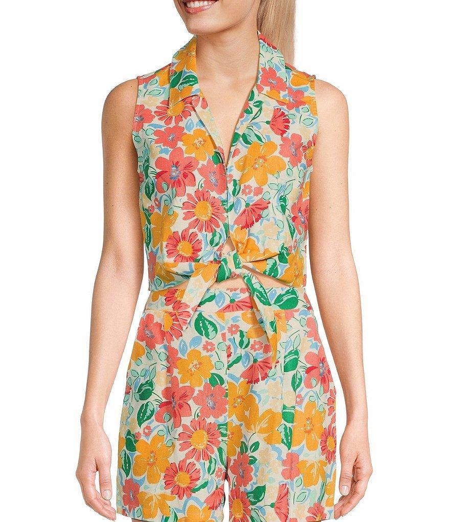 Copper Key Woven Coordinating Floral Printed Sleeveless Tie Front Top Product Image