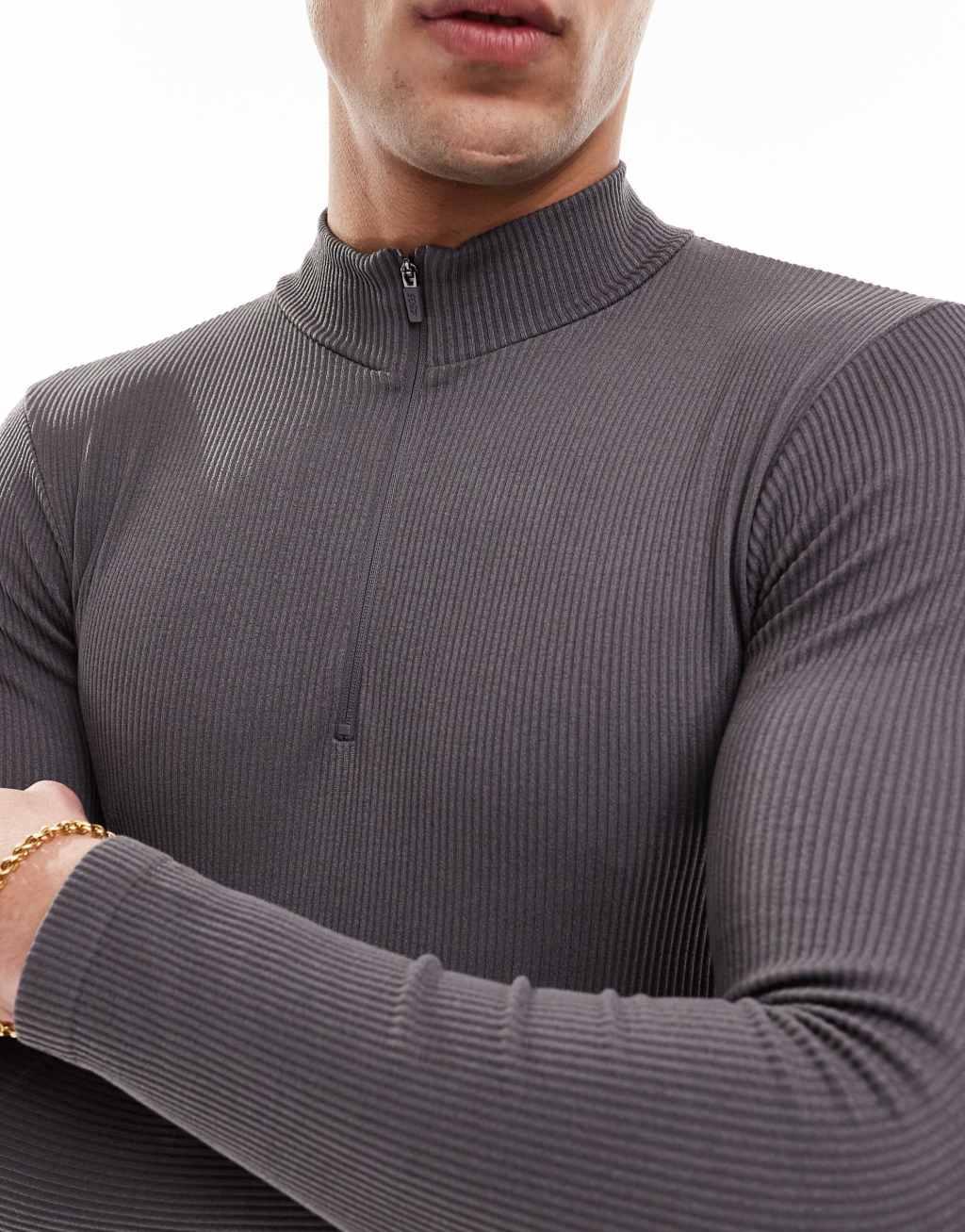 ASOS 4505 muscle fit seamless rib performance 1/4 zip in steel gray Product Image