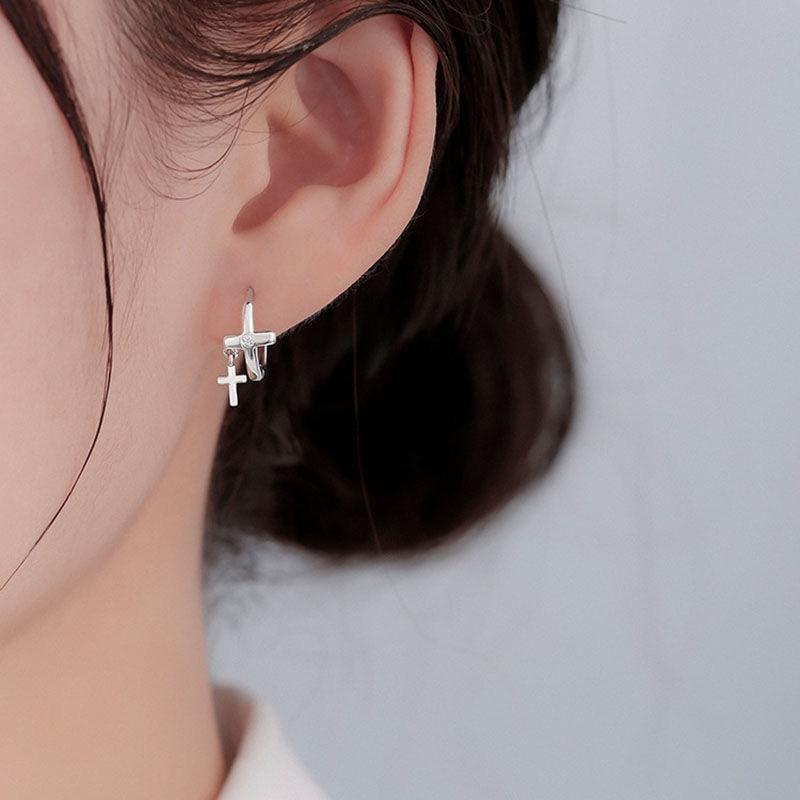 925 Sterling Silver Cross Huggie Earring Product Image