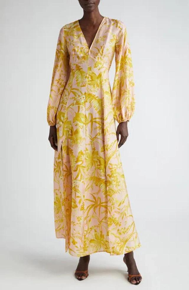 Golden Tropical Floral Long Sleeve Silk Maxi Dress In Pink Product Image