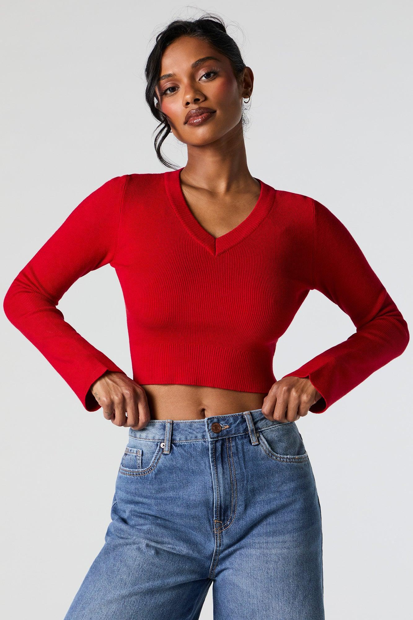 Ribbed Knit V-Neck Bell Sleeve Cropped Sweater Female Product Image