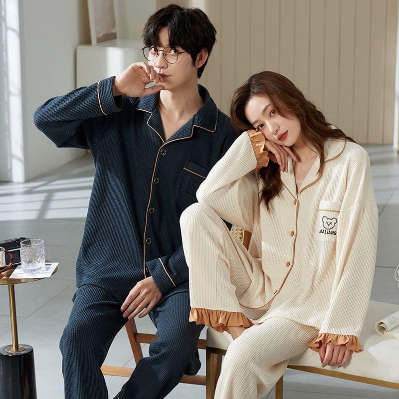 Couple Matching Loungewear Set : Long-Sleeve Bear Print Top + Pants Product Image