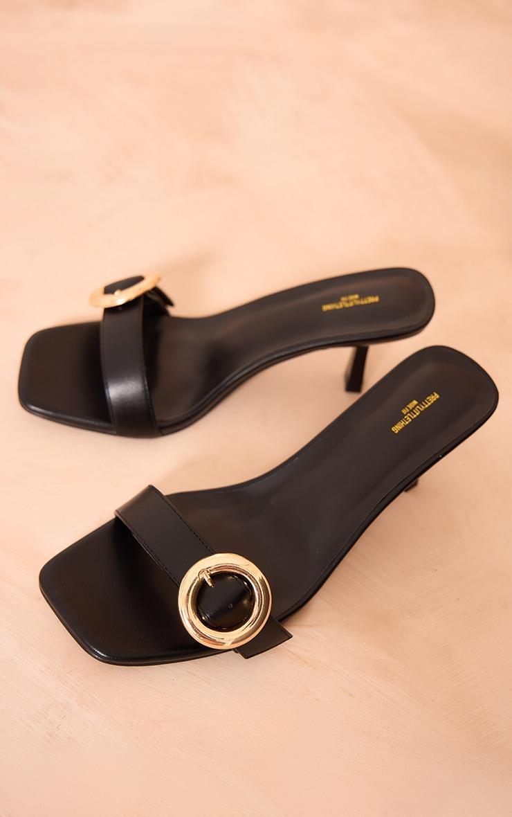 Black Wide Fit Pu Square Toe Buckle Detail Low Heeled Mules Product Image