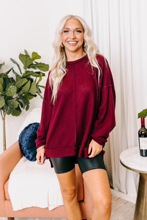 Cozy Little Spot Waffle Knit Top in Merlot Product Image