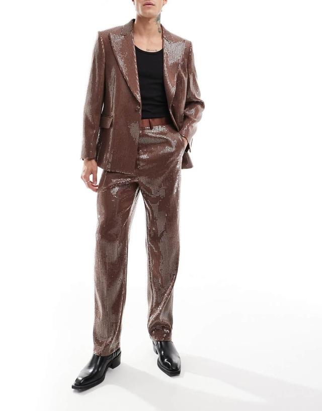 ASOS DESIGN sequin high waist straight leg suit pants in brown Product Image