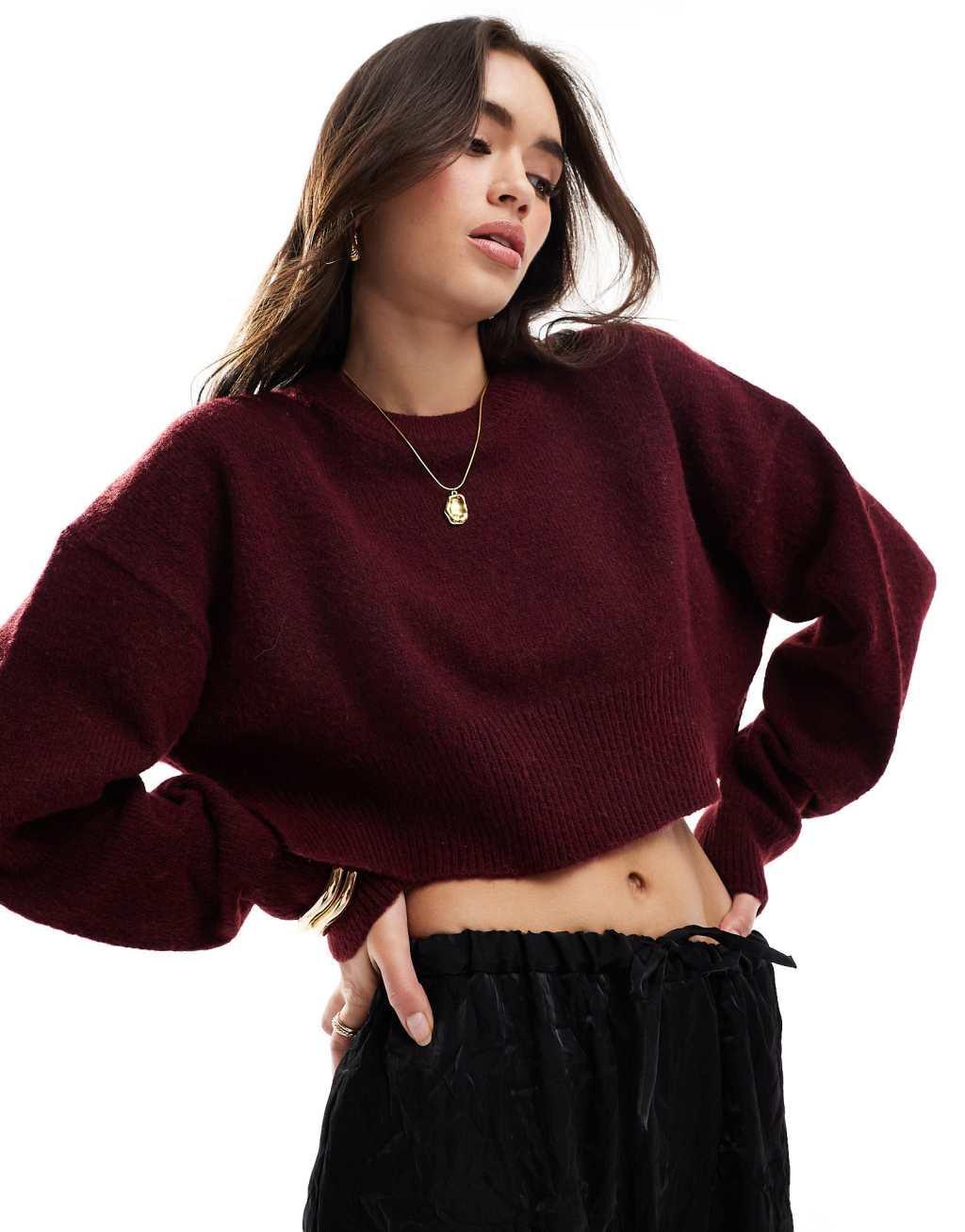 ASOS DESIGN crop crew neck sweater with split hemline in burgundy product image