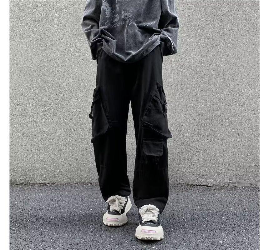 High Waist Plain Wide Leg Cargo Pants Product Image