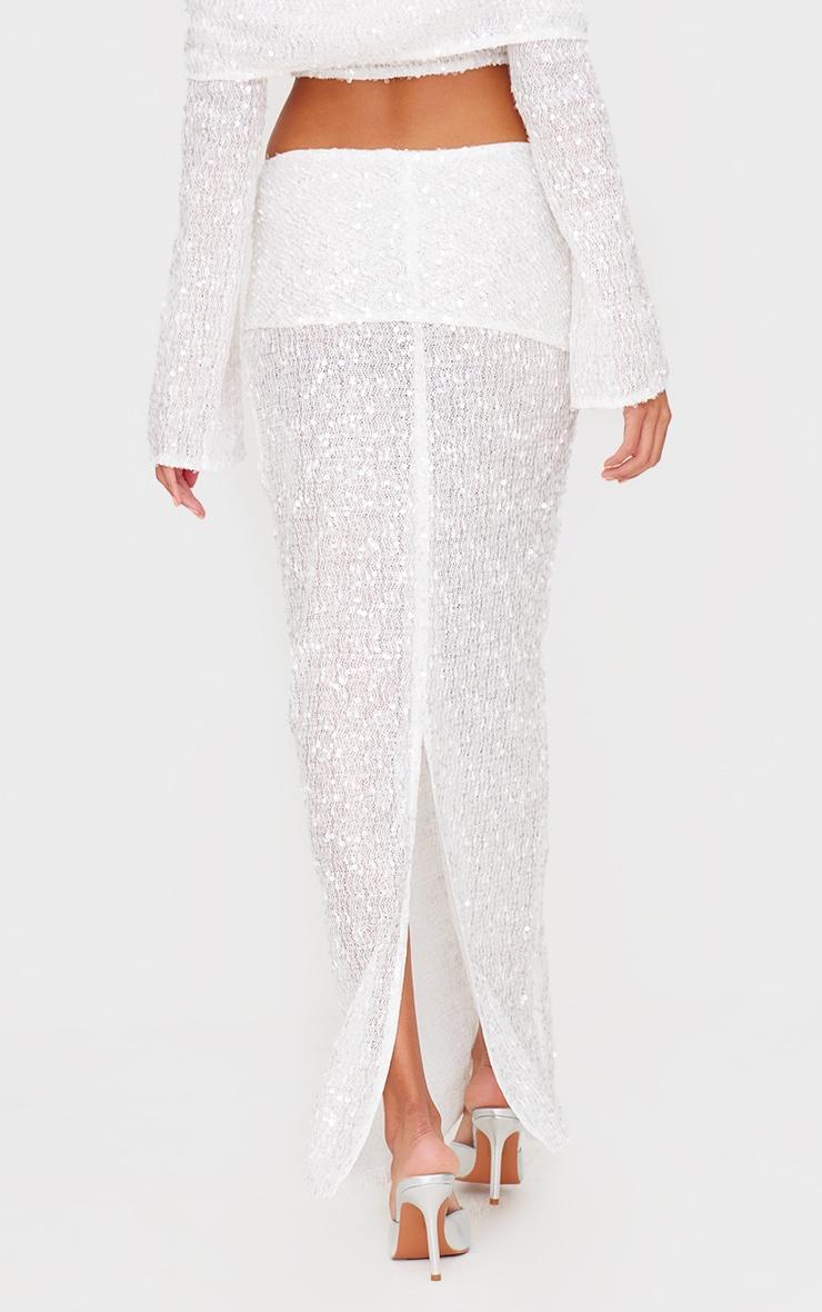 White Textured Sequin Foldover Maxi Skirt Product Image