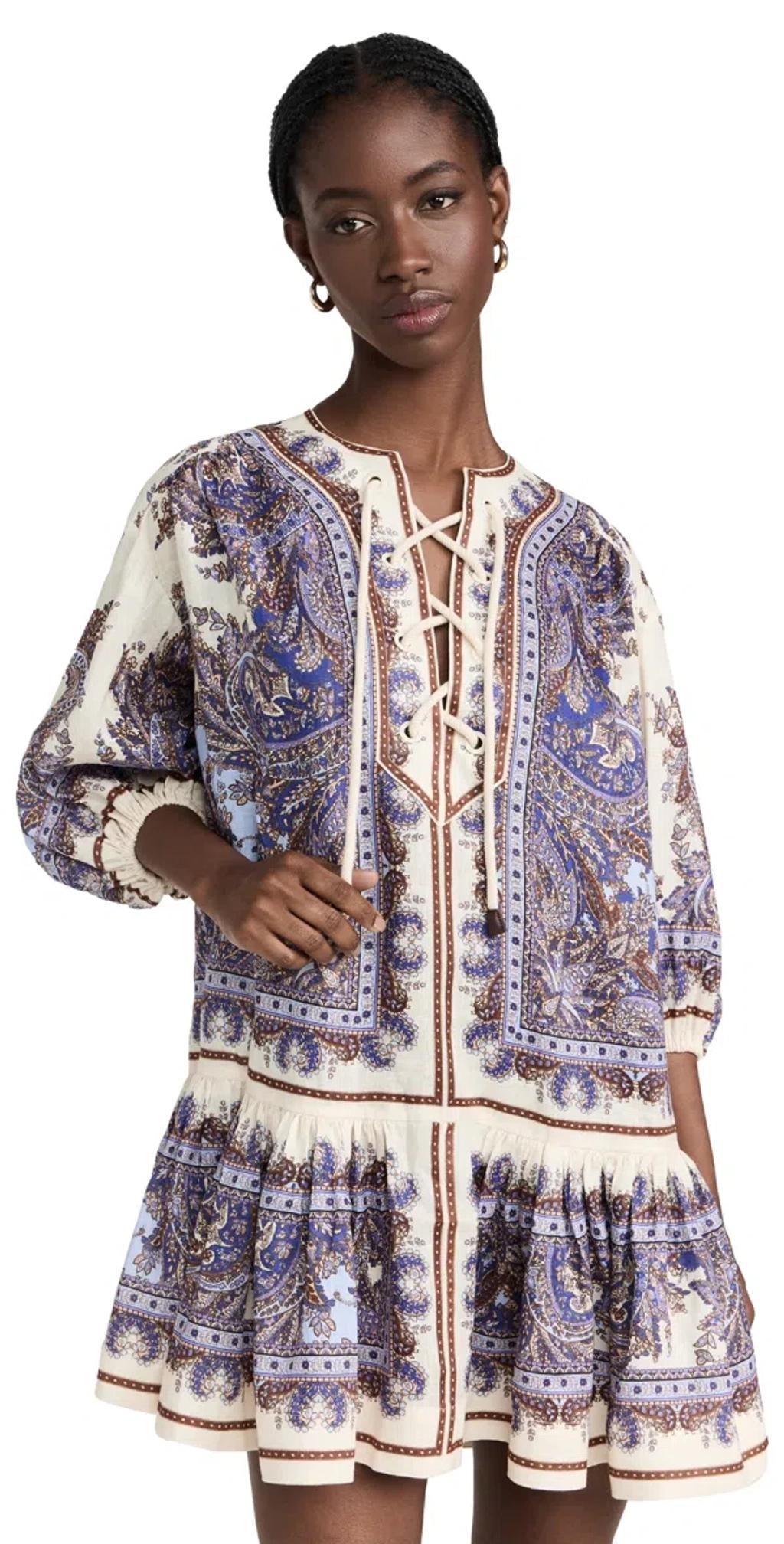 ZIMMERMANN Ottie Paisley Lace-up Linen Minidress In Purple Paisley Product Image