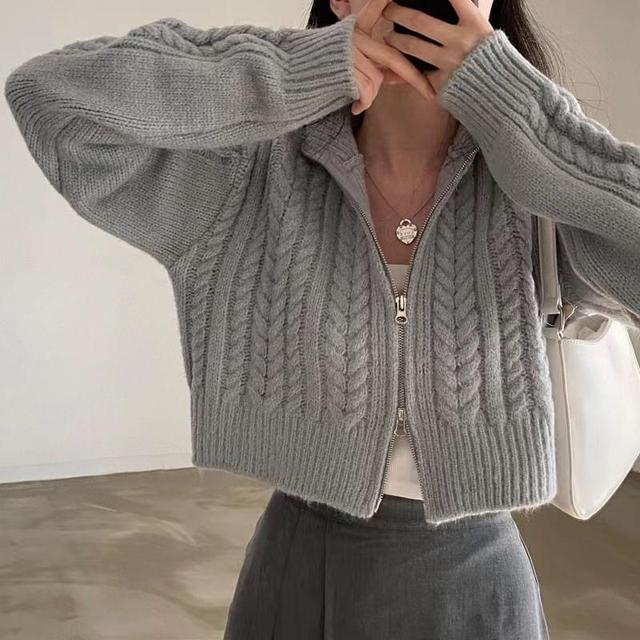 Stand Collar Cable Knit Cropped Zip Cardigan Product Image