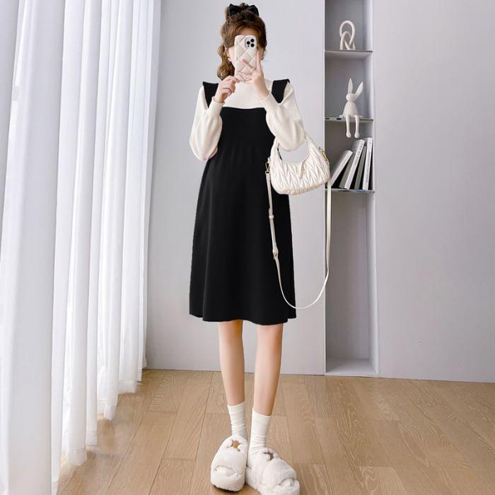 Maternity Long-Sleeve Mock Neck Mock Two Piece Ruffle Trim A-Line Dress (Various Designs) Product Image