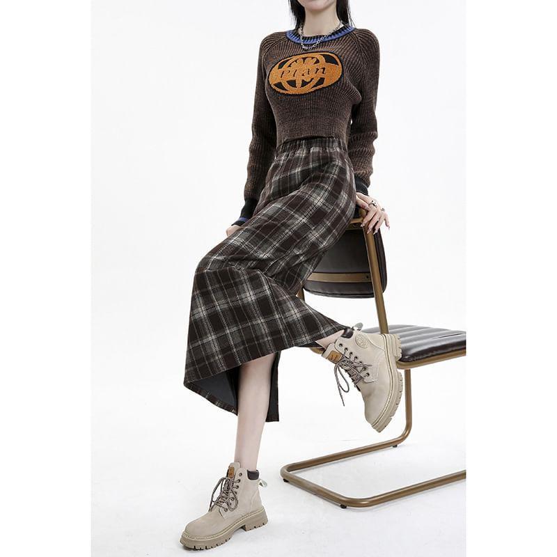 High Rise Plaid Midi A-Line Skirt Product Image