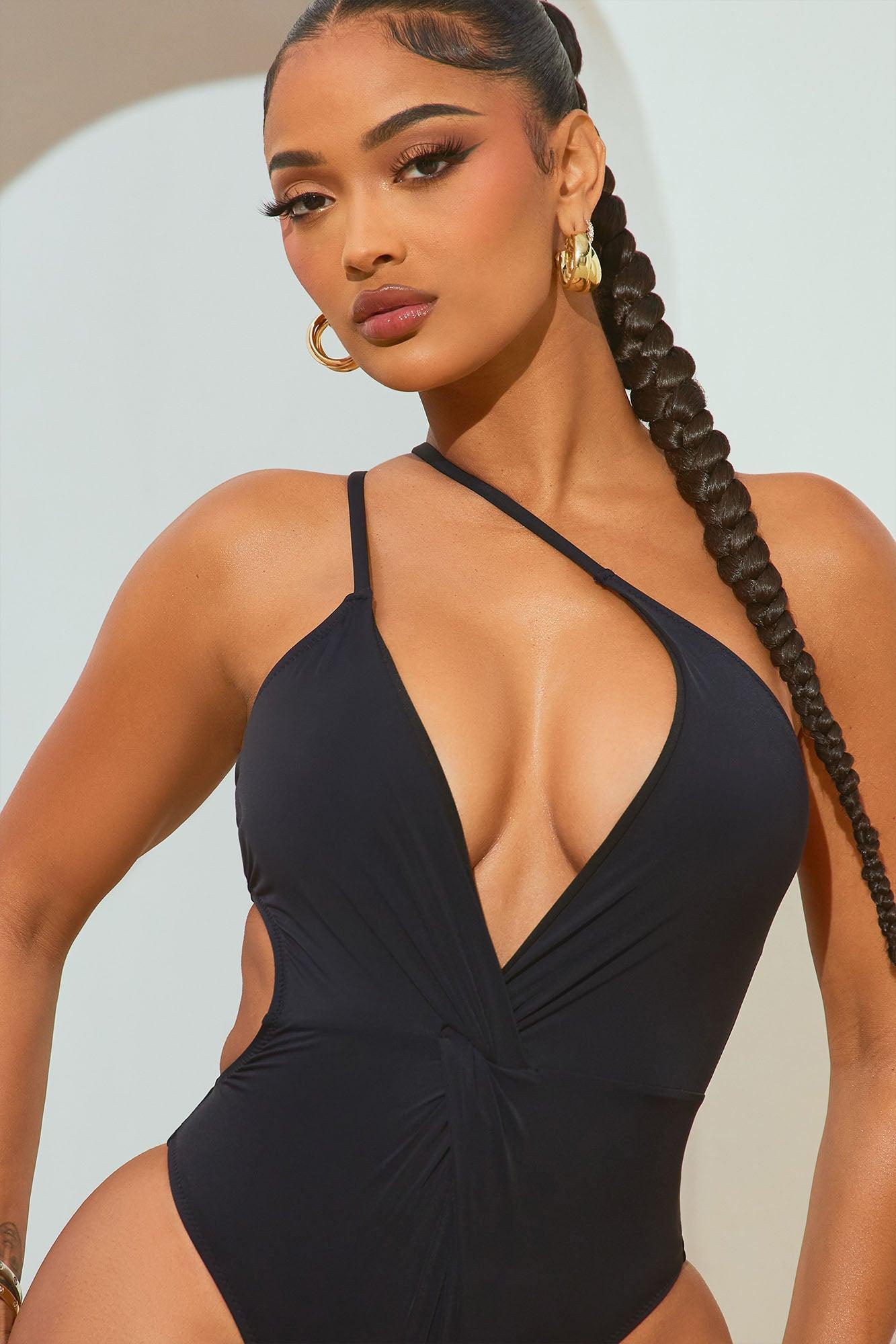 Summer Tan Knotted One Shoulder 1 Piece Swimsuit - Black Product Image