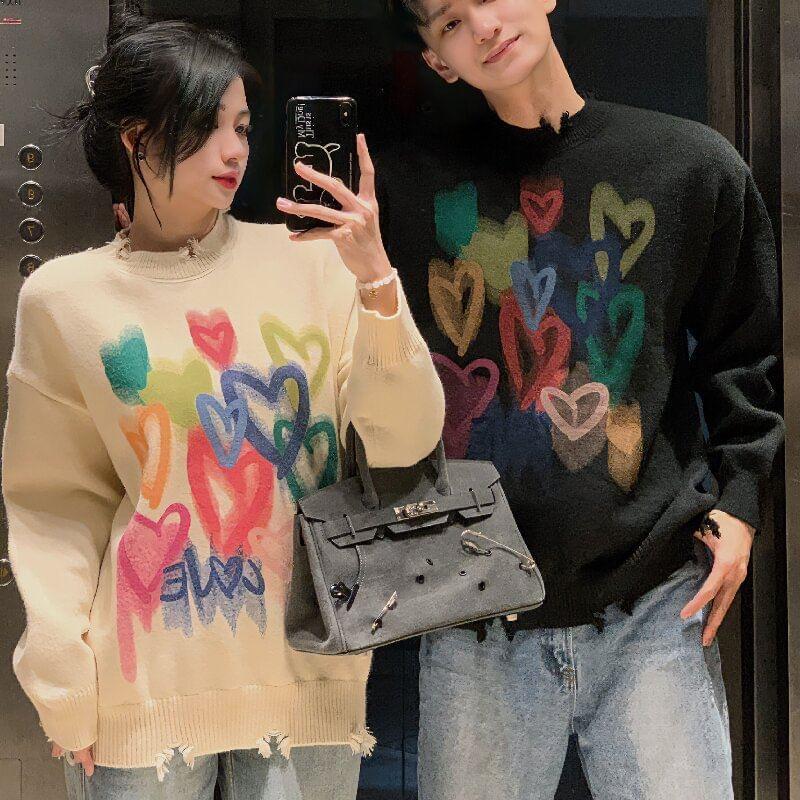 Couple Matching Round Neck Heart Print Distressed Sweater Product Image