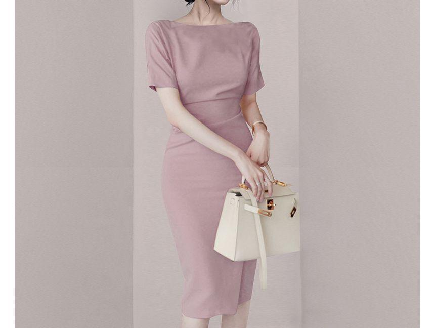 Short-Sleeve Boat Neck Plain Sheath Dress Product Image