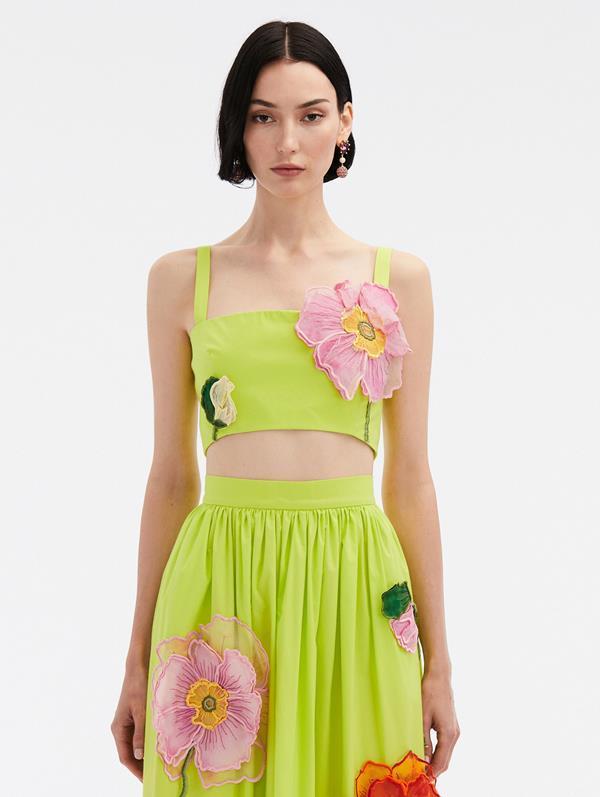 Floral-appliquéd Cropped Cotton Top In Neon Yellow Product Image