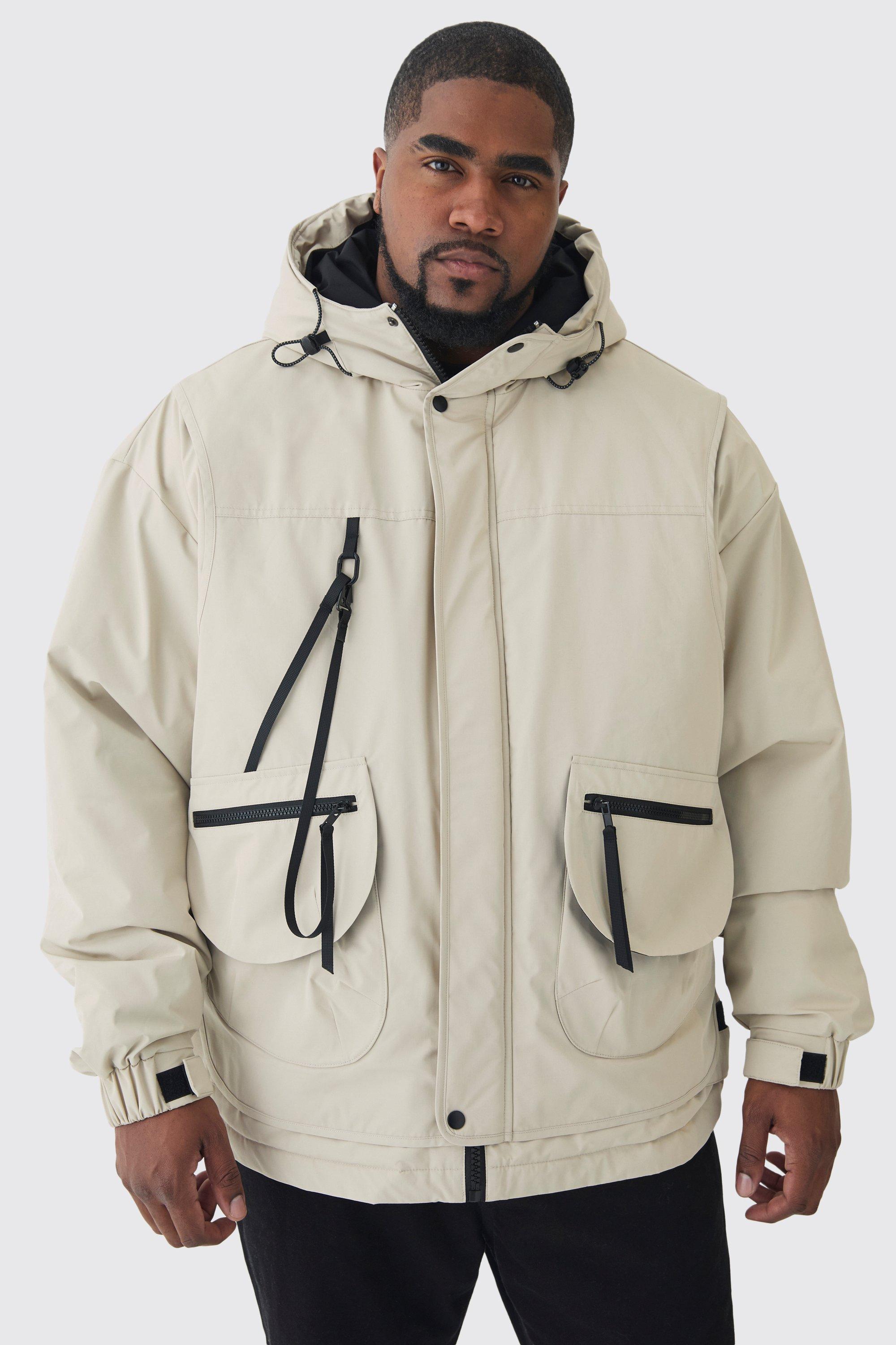 Mens Beige Plus Hooded Utility Tech Parka Jacket In Stone, Beige Product Image