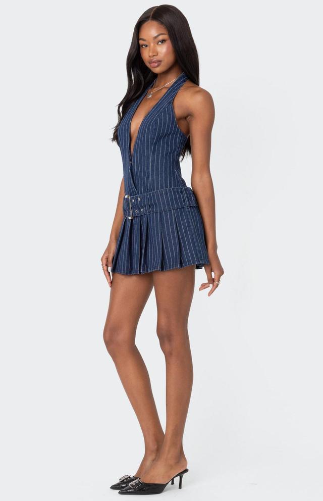 Edikted Women's Belted Pinstripe Denim Mini Dress Product Image