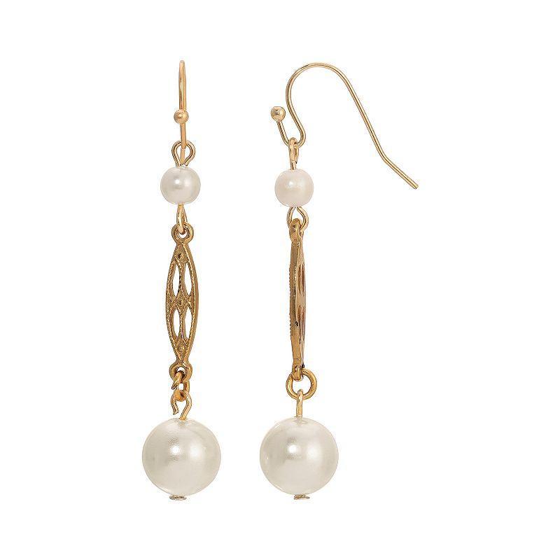 1928 Gold Tone Faux Pearl & Filigree Drop Wire Earrings, Womens, White Product Image