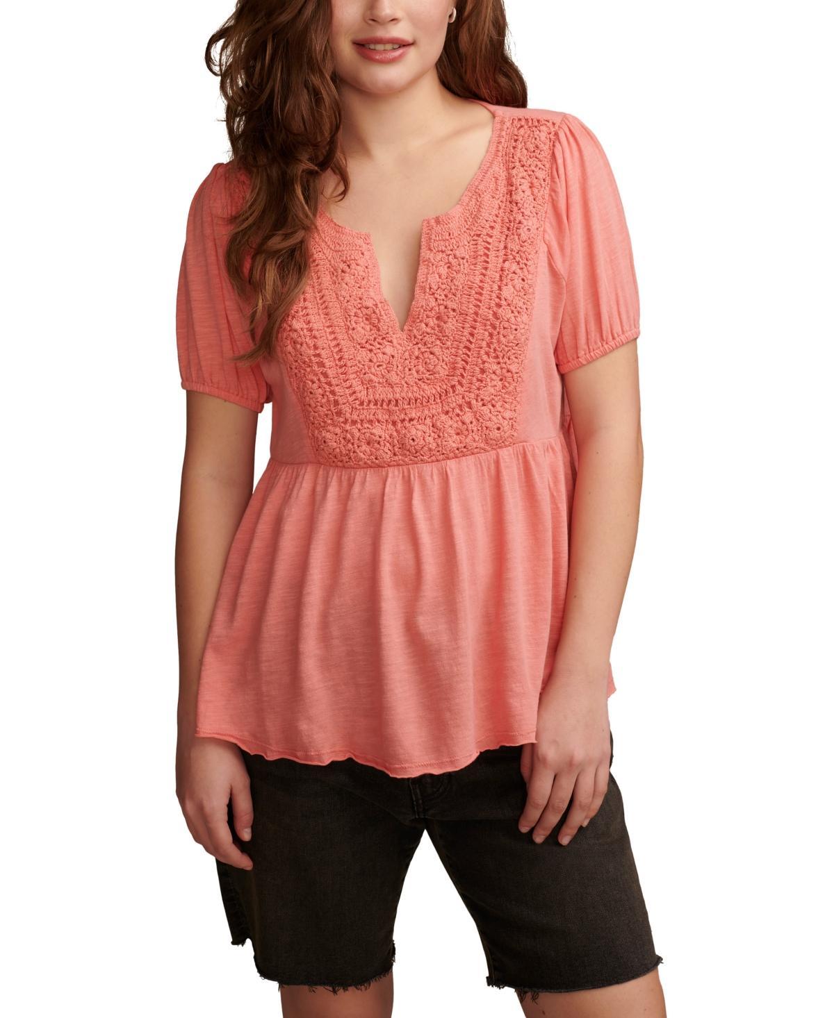 Lucky Brand Womens Crochet-Yoke Short-Sleeve Babydoll Top Product Image