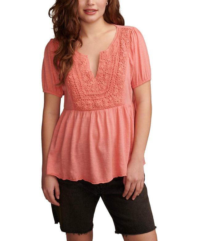 Lucky Brand Crochet Yoke Babydoll Top (Peach Blossom) Women's Clothing Product Image