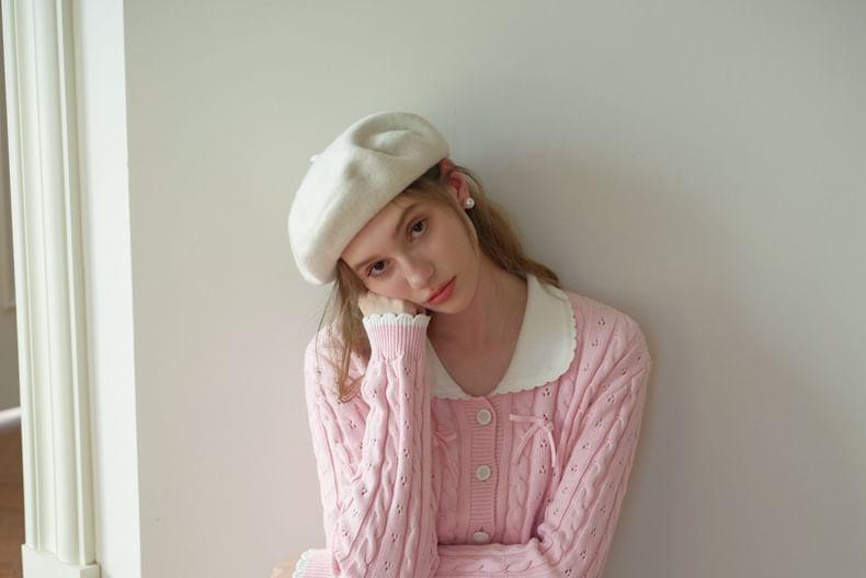 Collar Plain Bow Poinetlle Knit Cardigan / High Rise Ribbed Knit Mini A-Line Skirt Product Image