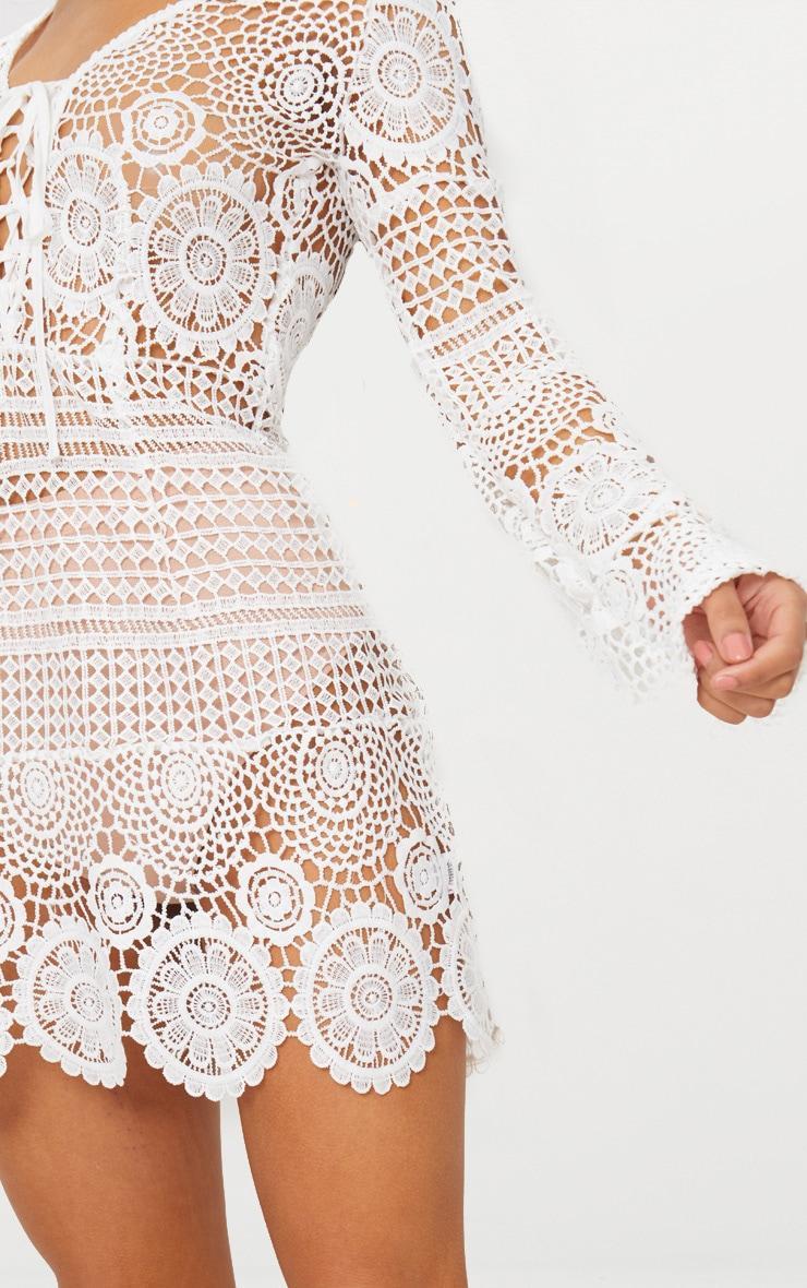 White Tie Front Flare Sleeve Crochet Lace Bodycon Dress Product Image