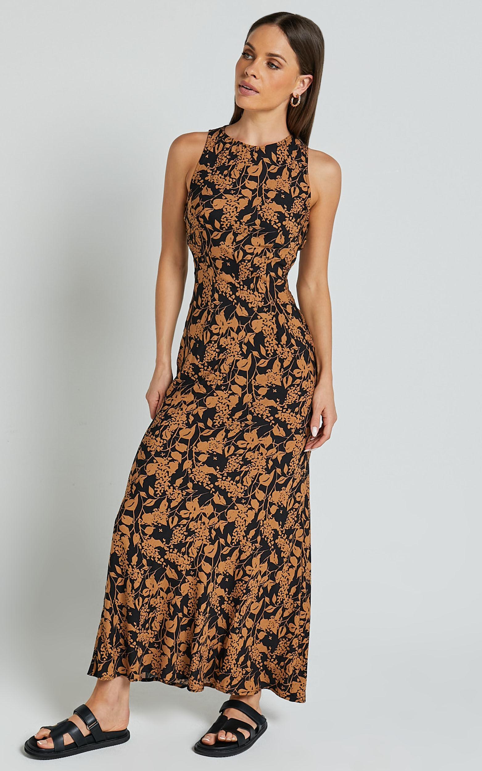 Francis Midi Dress - High Neck Slip Dress in Brown Floral Product Image