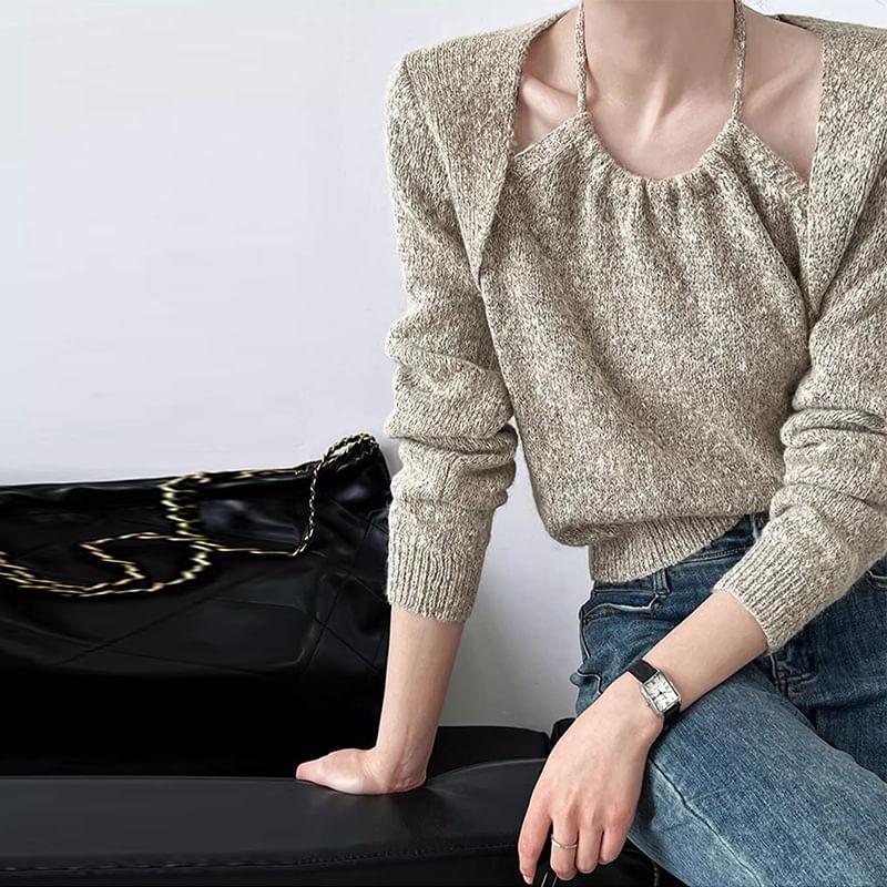 Long Sleeve Halter Melange Mock Two Piece Knit Top Product Image