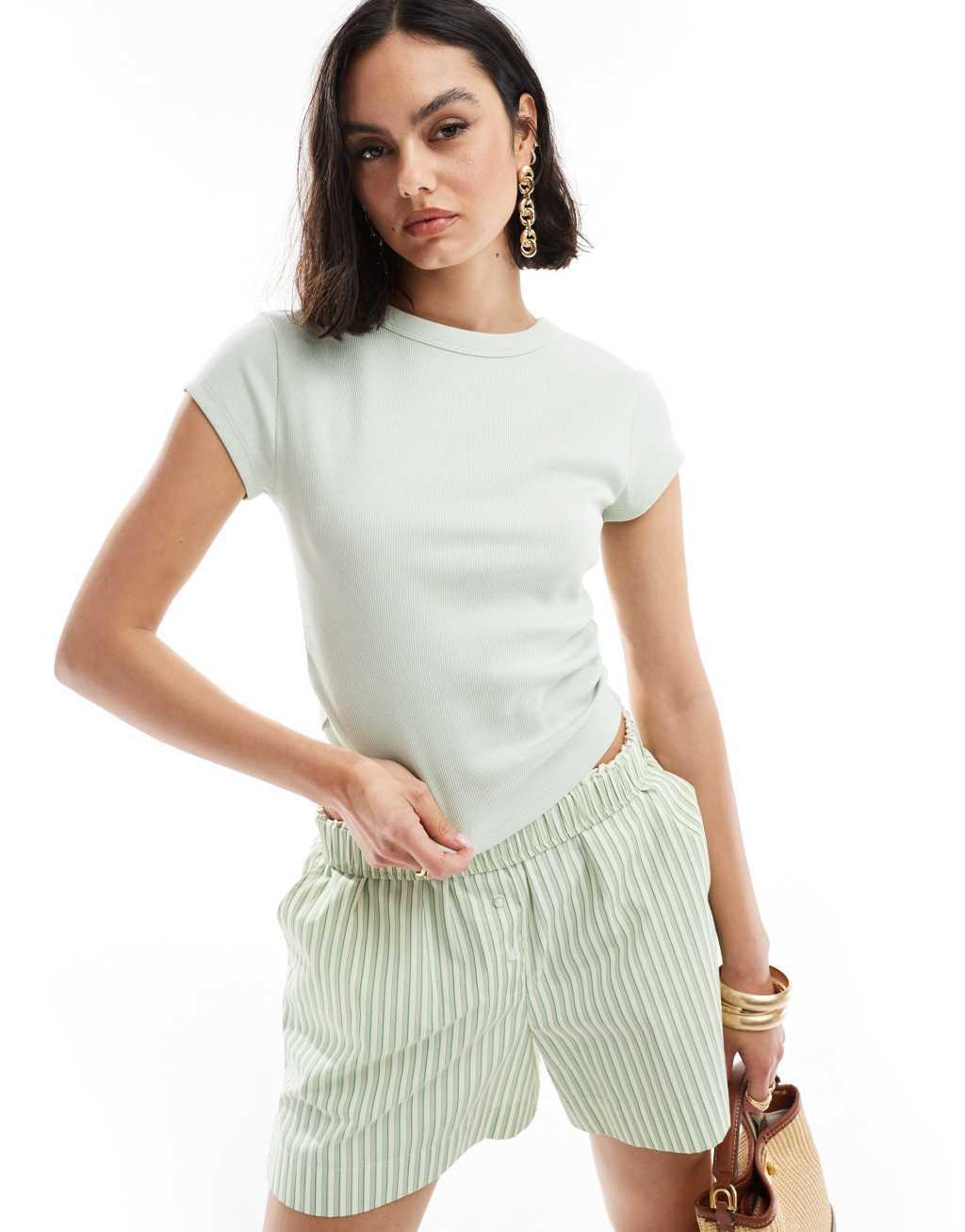 ASOS DESIGN shrunken rib top with cap sleeve in green Product Image