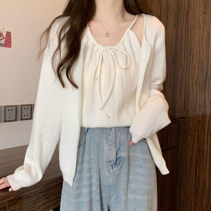 Set: Plain Bow Cami Top + Cardigan Product Image