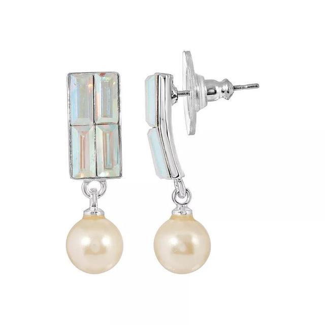 1928 Silver Tone Shimmer Crystal Simulated Pearl Drop Earrings, Womens, White Product Image