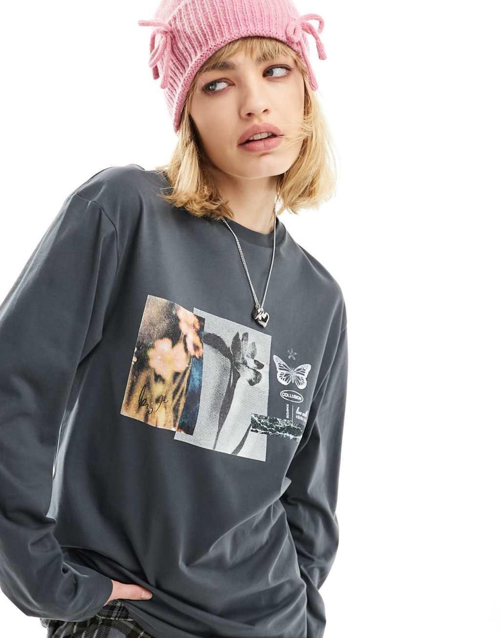 COLLUSION oversized graphic long sleeve t-shirt in gray Product Image